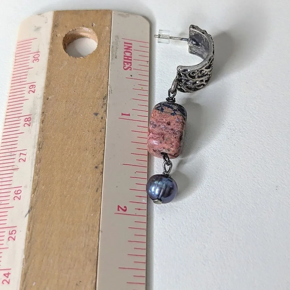 Natural Stone And Tooled Silver Dangle Earrings